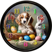 Caseras Sevimli Köpek ve Tavşan Tasarımlı Dekoratif Duvar Saati 28 cm Sessiz Mekanizma