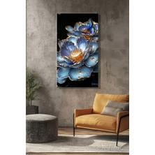 Şehber Panoramik Dikey Kanvas Tablo Tekli Ev Ofis 3D Gold Efekt Mavi Nilüfer Lotus Çiçeği 2139