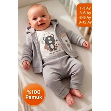 Lika&Nika %100 Erkek Bebek 3'lü Takım Kapüşonlu Hırka Body Pantolon Seti Yenidoğan Bebek Kıyafeti Alt Üst Takım Pamuklu