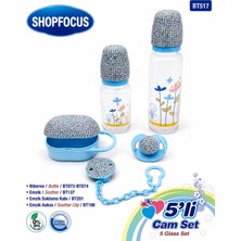 Shopfocus 5'li Cam Biberon Seti-Özel Taş Süslemeli DİZAYN-250ML BİBERON-125ML Biberon-Emzik-Emzik Askısı-Emzik Kutusu-Özel Kutulu-Doğum Hediyesi-Bebek Hediyelik-Plastil ve Cam Set-Yeni Doğan Hediyesi-Çocuk-