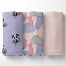 Poema & Rosa 3'lü Müslin Örtü %100 Pamuk 110 cm x 80 cm Mor Renkli Hug Panda Desenli