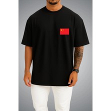 Bahriyeli Collection Oversize Çin Bayrağı Cep Baskılı Unisex T-Shirt