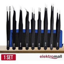 Elektromall 9 Parça Paslanmaz Cımbız Seti ESD Performanslı Siyah Renkli Dayanıklı Malzeme