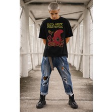 Fuddy Moda Unisex Red Hot Chili Peppers Fire Squid Baskılı Tişört, Oversize Rock Band Temalı Tshirt