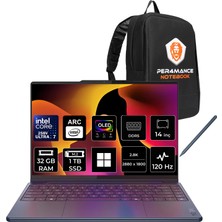Lenovo Yoga 9 Core Ultra 7 258V 32GB Ram 1tb SSD 14" Wqxga+ 2.8k OLED 120Hz Multi-Touch WIN11 Pro 83LC0043TRP309 2-In-1 Notebook + Per4 Çanta