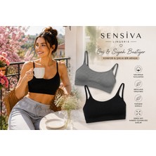 Sensiva Lingerie 2'li Esnek Fitilli Ip Askılı Ribana Bustiyer - Nefes Alan Dokulu Crop Atlet - Uyku Sütyeni Seti