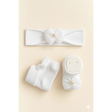 Baby Socks Fiyonklu Bandana Beyaz Hediyelik Bebek Çorap Takım