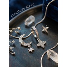 Stainless Steel Pirinç Zirkon Taşlı Çiçek ve Ay Model Gümüş Renk 3'lü Küpe Set