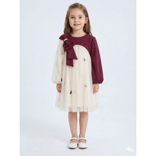 Lanova Kids Bordo Kollu Fiyonk Detaylı Çiçek Işlemeli Tüllü Kız Çocuk Elbise 4-10 Yaş 4419
