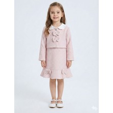 Lanova Kids Bebe Yakalı Pudra Fiyonklu Tüvit Kız Çocuk 3'lü Ceketli Elbise Takmı 2-7 Yaş 4421