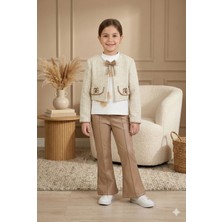 Lanova Kids Kız Çocuk Tüvit Ceket ve Deri Pantolon 3'lü Takım 4-14 Yaş 4409