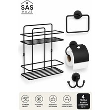 SAS HAUS 4 Parça Siyah Banyo Aksesuar Seti, 2 Katlı Şampuanlık, Kapaklı Tuvalet Kağıtlığı, Kare Havluluk ve Bornoz Askılığı, Delmeden Montaj Yapışkanlı