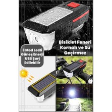 GUNKES Güneş Enerjili USB ile Şarj Edilebilir 3 Mod Ledli Bisiklet Feneri Kornalı ve Su Geçirmez Far