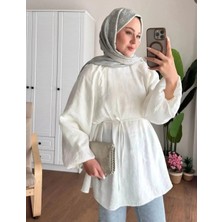 Moonsc Kadın Balon Kol Bel Bağlamalı Standart Beden Beyaz Tesettür Tunik Gömlek