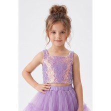 Le Mabelle Lila  Kare Yakalı Pullu Kız Çocuk Kolsuz Crop Bluz - Cintia