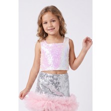 Le Mabelle Beyaz  Kare Yakalı Pullu Kız Çocuk Kolsuz Crop Bluz - Cintia