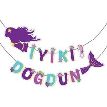 Patladı Gitti Deniz Kızı Figürlü Mor İyi Ki Doğdun 3D Banner 30 cm Ebat 14 Parça Parti Malzemeleri