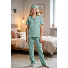 Enie Kız Çocuk %100 Pamuk Mint Yeşili Yazlık Göz Bantlı Pijama Takımı