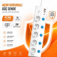 Nivego Nvg PD20C Akım Korumalı 5'li Priz 2m Kablolu 2 USB + 2 Type-C Usb-C Çoklu Priz Anahtarlı Ftr-28 Masaüstü Priz