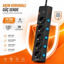 Nivego Nvg PD20C Akım Korumalı 5'li Priz 2m Kablolu 2 USB + 2 Type-C Usb-C Çoklu Priz Anahtarlı Ftr-28 Masaüstü Priz