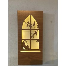 Buççin Online Mağaza  Kedi -Kuş Motifli Peri Led(Yeşil) Pilli Ceviz Mdf Ahşap Duvar Dekoru 36X18CM(PILLER Dahil) Ahşap Kah