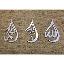 Buççin Online Mağaza  Aynalı Gümüş Damla Pleksi Allah Muhammed Bismillah Duvar Süsü (Dekoru) 3 Lü Dua Seti Ahşap Gümüş
