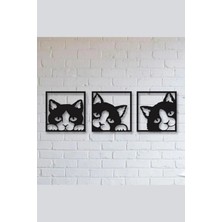 Buççin Online Mağaza  3lü Kedi Ahşap Dekoratif Duvar Tablosu 25X25CM Ahşap Siyah