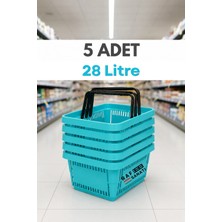 Raf Sanatı 5 Adet - 28 Litre Plastik Market Alışveriş Sepeti Saplı Dayanıklı Market Mağaza El Sepeti Turkuaz