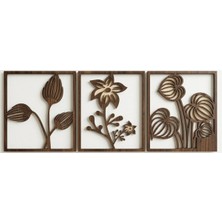 Buççin Online Mağaza  3 Lü Çiçek Serisi Seti - Ahşap Duvar Dekorasyonu Tablo / Süs Ceviz Renk - 70X30 cm Ahşap Kahverengi