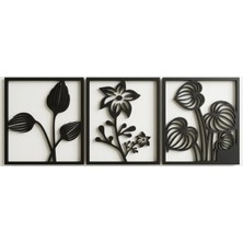 Buççin Online Mağaza  3 Lü Set Çiçek Serisi Ahşap Duvar Dekorasyonu Süs - Siyah Renk 70X30 cm Ahşap Siyah