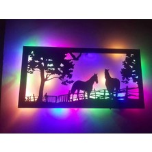 Buççin Online Mağaza  LED Işıklı Ahşap At Çiflliği Dekorlu Gece Lambası Ahşap Siyah