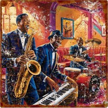 Buççin Online Mağaza  Jazz Temalı Müzisyenler Uv Baskılı Alüminyum Dekoratif Tabela – Vintage Tarz Metal Duvar Levhası Met