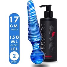 Erotist 17CM Blue Textured Glass Dildo Set With Strawberry Lubricating Gel, Unisex Pleasure Toy