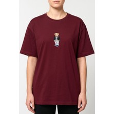 Hadiora Kadın Bordo Ayıcık Nakışlı Pamuklu T-Shirt