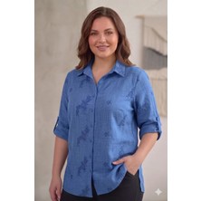 Elma Abone Büyük Beden Kadın Işli Polly Keten Gömlek