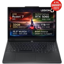 Lenovo Legion 5 15AHP10 Amd Ryzen 7 260 32GB 1tb SSD Rtx 5060 8gb 15.3" Wuxga (1920X1200) IPS 165Hz 115W Windows 11 Pro Taşınabilir Bilgisayar 83M00064TR