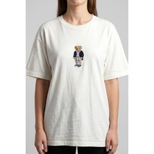 Hadiora Kadın Beyaz Ayıcık Nakışlı Pamuklu T-Shirt