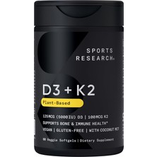 Sports Research D3 + K2, Plant Based, 125 MCG/100 Mcg, 60 Veggie Softgels