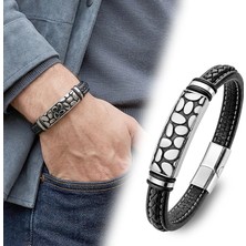 Fm 💎 Premium River Stone Motifli Çelik Kilitli Siyah Deri Erkek Bileklik. 31831B8D4