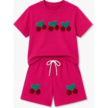 Yiğit Butik Yigit Butik Kız Çocuk Kiraz Nakışlı Şortlu Takım Yazlık Alt Üst Takım