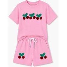 Yiğit Butik Yigit Butik Kız Çocuk Kiraz Nakışlı Şortlu Takım Yazlık Alt Üst Takım