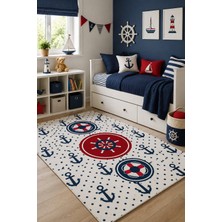 Norella Home Denizci Temalı Çocuk Halısı Çapa Desenli Kaymaz Taban Yıkanabilir Erkek Çocuk Odası Halısı
