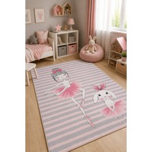 Norella Home Balerin ve Tavşan Desenli Kız Çocuk Halısı Kaymaz Taban Yıkanabilir Çocuk Odası Halısı Pembe Gri