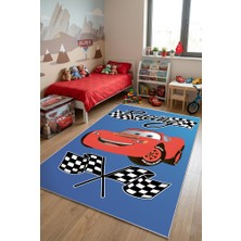Norella Home Yarış Arabası Desenli Çocuk Halısı Kaymaz Taban Yıkanabilir Erkek Çocuk Odası Halısı Mavi