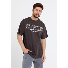 Polo State Erkek Oversize Baskılı T-shirt Kahverengi