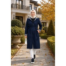 Harma Time Butik Kadın Kapüşonlu  Fermuarlı Ara Boy Bondit Kumaş Lacivert Trenç