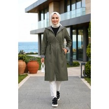 Harma Time Butik Kadın Kapüşonlu  Fermuarlı Ara Boy Bondit Kumaş Haki Trenç