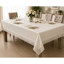 Lenda Shop 140X220 cm Ekru Masa Örtüsü Dantel Kenarlı Leke Tutmaz Silinebilir Şık Yemek Masası Örtüsü