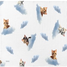 %100 Pamuk 4 Katlı Müslin Bebek Örtüsü 80X85 cm -Kedi Desenli Yıkanmış Bebek Battaniyesi - Beyaz/mavi