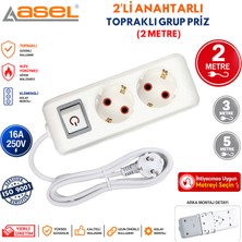 Asel 2'li Anahtarlı Topraklı Grup Priz Uzatma Kablosu 2 Metre